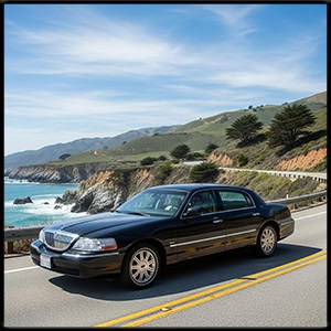 Black town car driving in a scenic view mid day