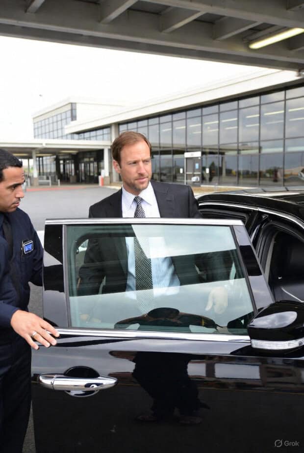 Corporate man getting into black car at the MSP airport while driver holds the door