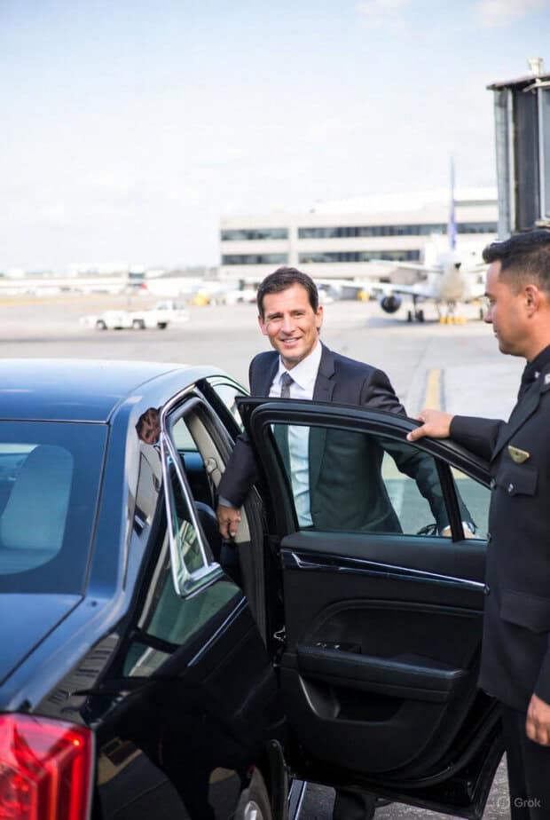 Business man getting into black car at the MSP airport