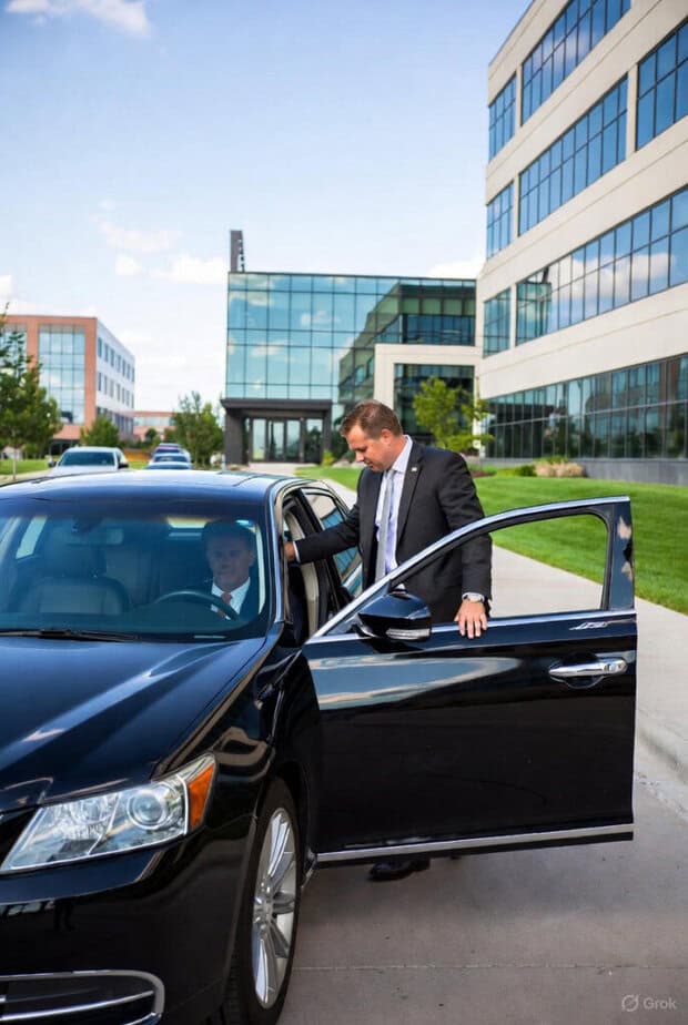 Business man getting into black car at a corporate building in Mankato Minnesota