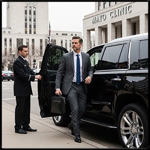 Business traveler stepping out of a luxury SUV, airport curbside, realistic photo
