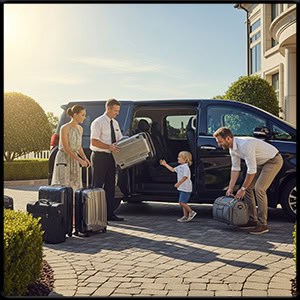 Chauffeur helping a family with luggage into a private minivan, sunny day, realistic