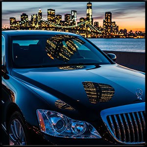 City skyline reflected on shiny black private car, dusk, modern and professional vibe
