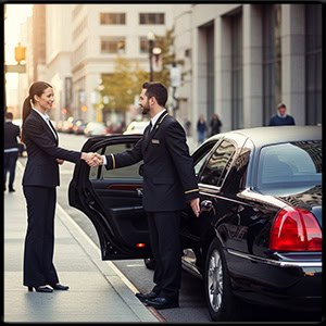 Customer meeting their private ride driver at the black town car 
