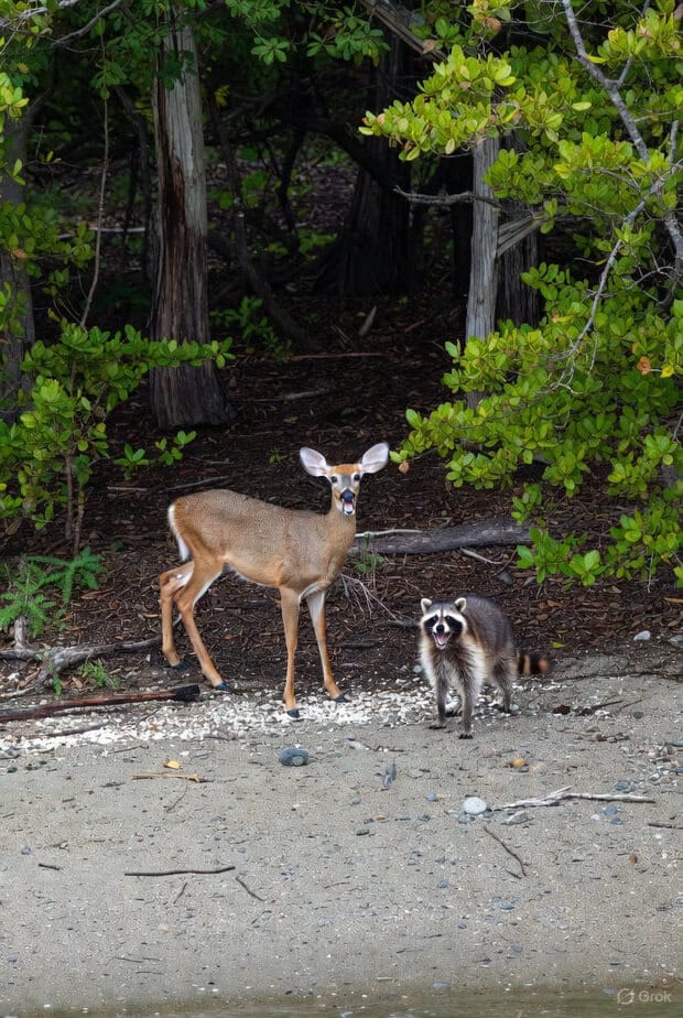 Deer and raccoon on a beach in the VWCA