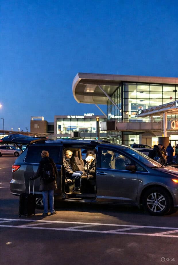Car in front of MSP during early morning picking up passengers to go to Mankato
