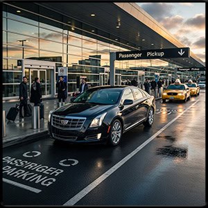 Happy family standing next to a Black town car at the airport