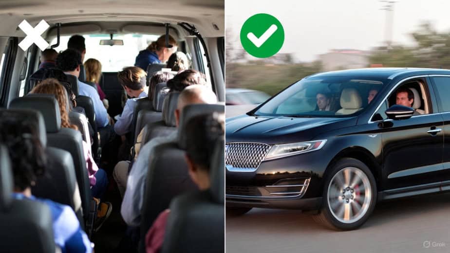 A side by side picture of a passenger van packed with people and an x over the picture and a black lincoln mks with 3 people in it and a check mark over the picture