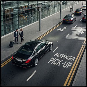Overhead shot of luxury car waiting at airport pick-up zone, passengers approaching, realistic