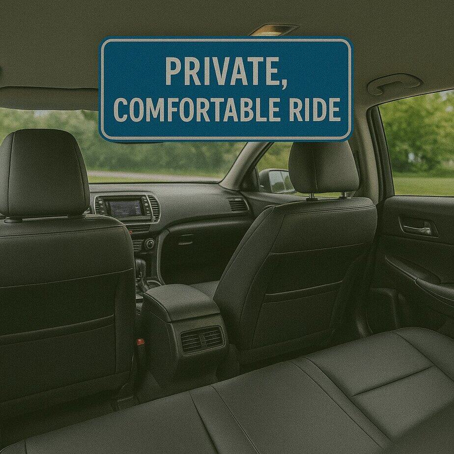 Spacious private car interior offering a comfortable ride from Mankato to MSP