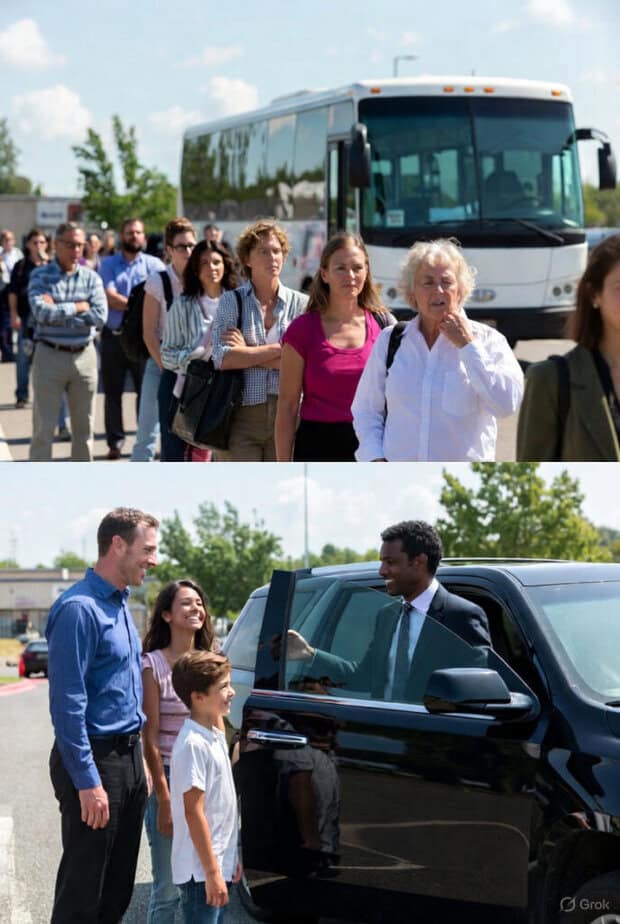 Comparison pictures of pople lining up for shuttle bus and a family getting into a black car