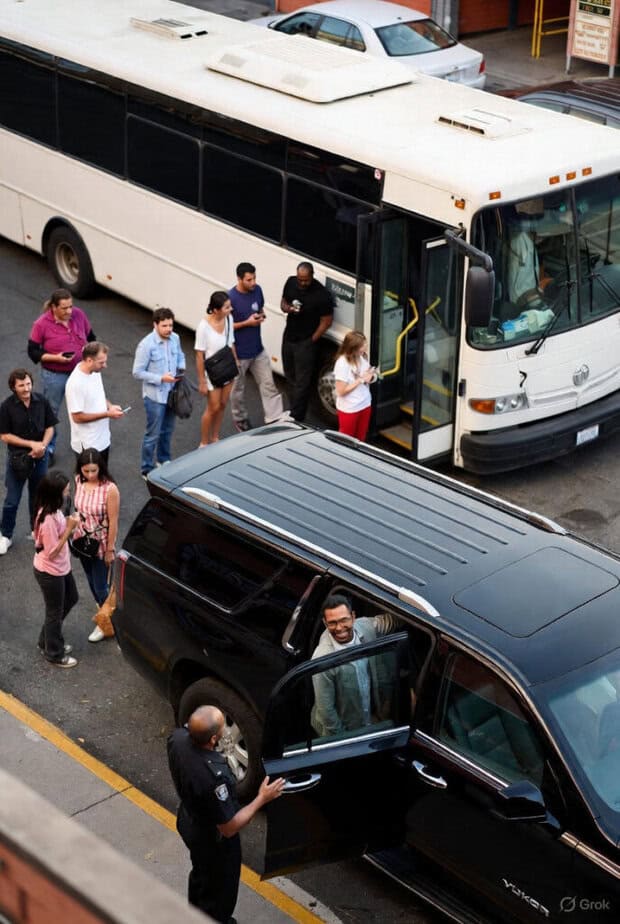 Group lining up for shuttle bus and driver holding the door for a passenger to a black car