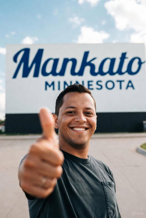 A picture of a person holding a thumbs up in front of a Mankato sign
