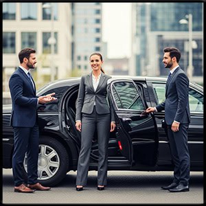 3 business men and women standing by a modern black town car