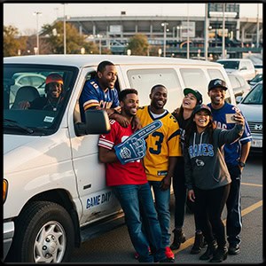 5 sports fans standing around a 2010 white ford Econoline van smiling and laughing