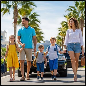 A Cheerful family on vacation walking to a black town car