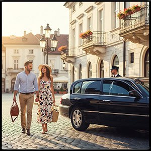 A couple on vacation walking to a black town car