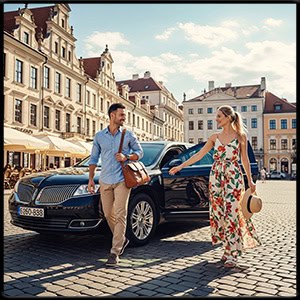 A couple  walking to a black town car