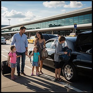 A family leaving the airport standing next to a black town car
