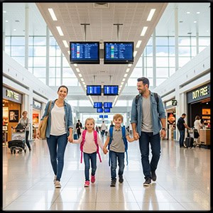 A happy family walking in the airport