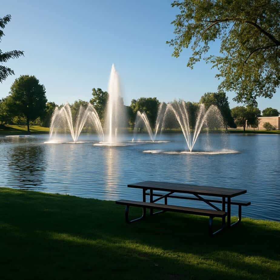 Water Fountains on a Lake in Albert Lea MN next to a park