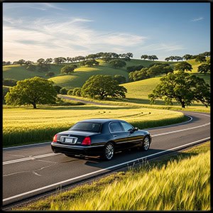 Black modern town car driving in the countryside.