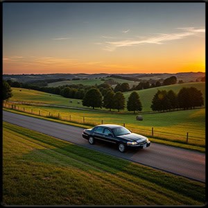 Black town car driving through the countryside 