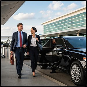 Business man and women walking towards a modern black town car at the airport