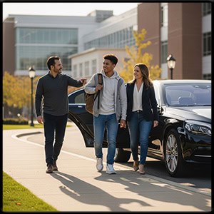 College student and parents walking to a modern black town car