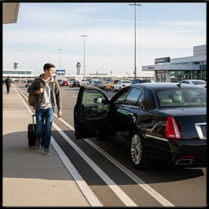 College student walking to a modern black town car at the airport