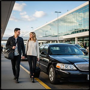Couple at the airport walking to a black town car