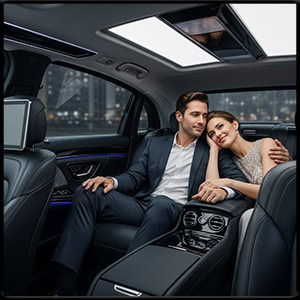 Couple in the back seat of a modern black town car