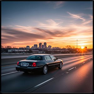 Early morning sunrise modern black town car driving towards a small city