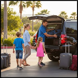Family on vacation Walking up to a black chevy Tahoe while the driver is putting luggage in the back
