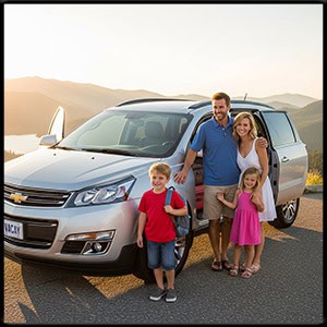 Family on vacation standing by a 2014 traverse mini van