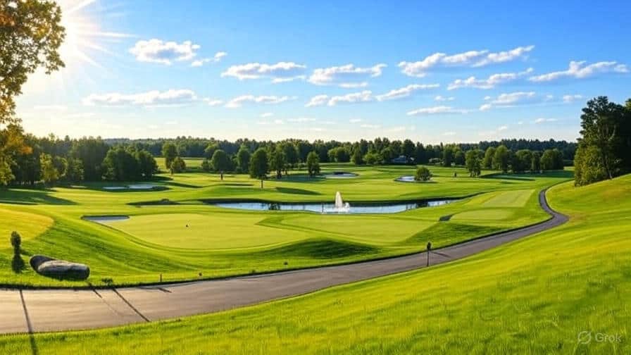 Grandview Golf Course with a cart path around a small pond with a water fountain