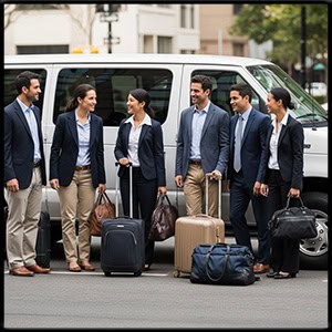 Group of 6 business people with luggage standing by a white 2010 Ford Econoline E350 van