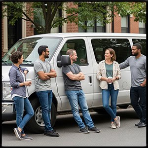 Group of 6 people standing by a white 2010 Ford Econoline E350 van