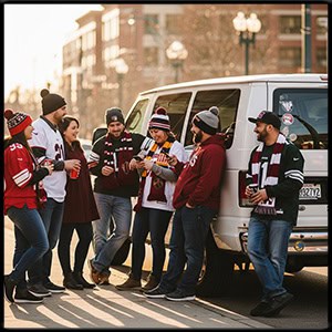 Group of sports fans standing by a white 2010 Ford Econoline E350 van