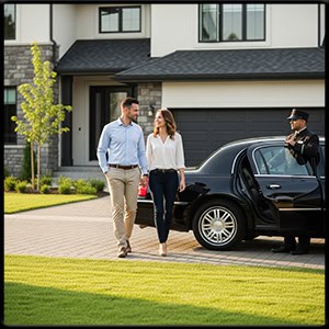 Happy couple dressed casual walking from the house to a black town car waiting on the curb