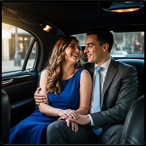 Happy couple sitting in the back seat of a black town car
