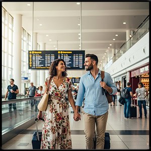 Happy couple walking through the airport