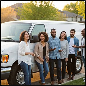 Happy group of people standing buy 2010 white ford Econoline van