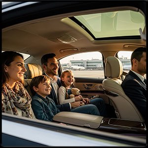 Happy smiling family enjoying a private airport ride car service