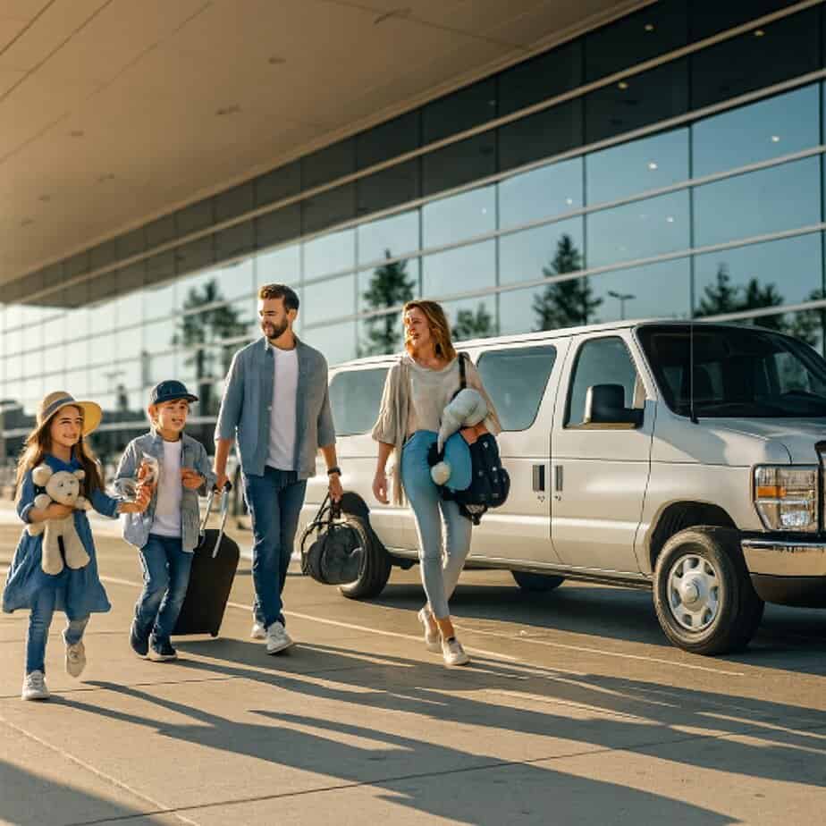 White E series van dropping a family off at a Lacrosse Wisconsin destination
