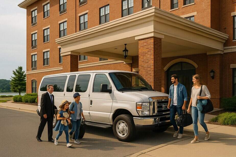 White E Series Van picking a family up at a lacrosse hotel