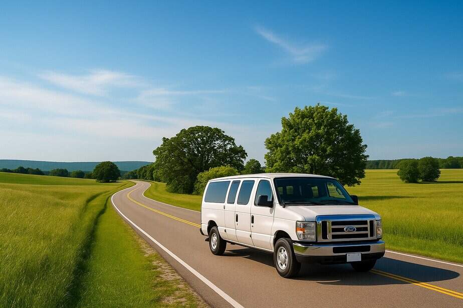 White E Series van traveling down a country road from MSP to La Crosse