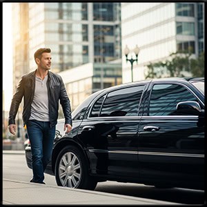 Man dressed casually walking away from a modern black town car