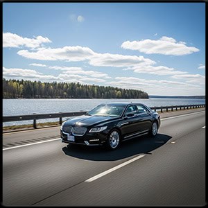 Modern black town car driving by a lake on a highway mid day