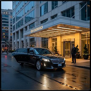 Modern black town car pulling up to a hotel